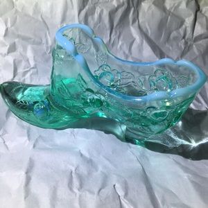 Vintage Fenton Teal Opalescent Shoe - Cabbage Head Rose 6” Slipper - Glows /039
